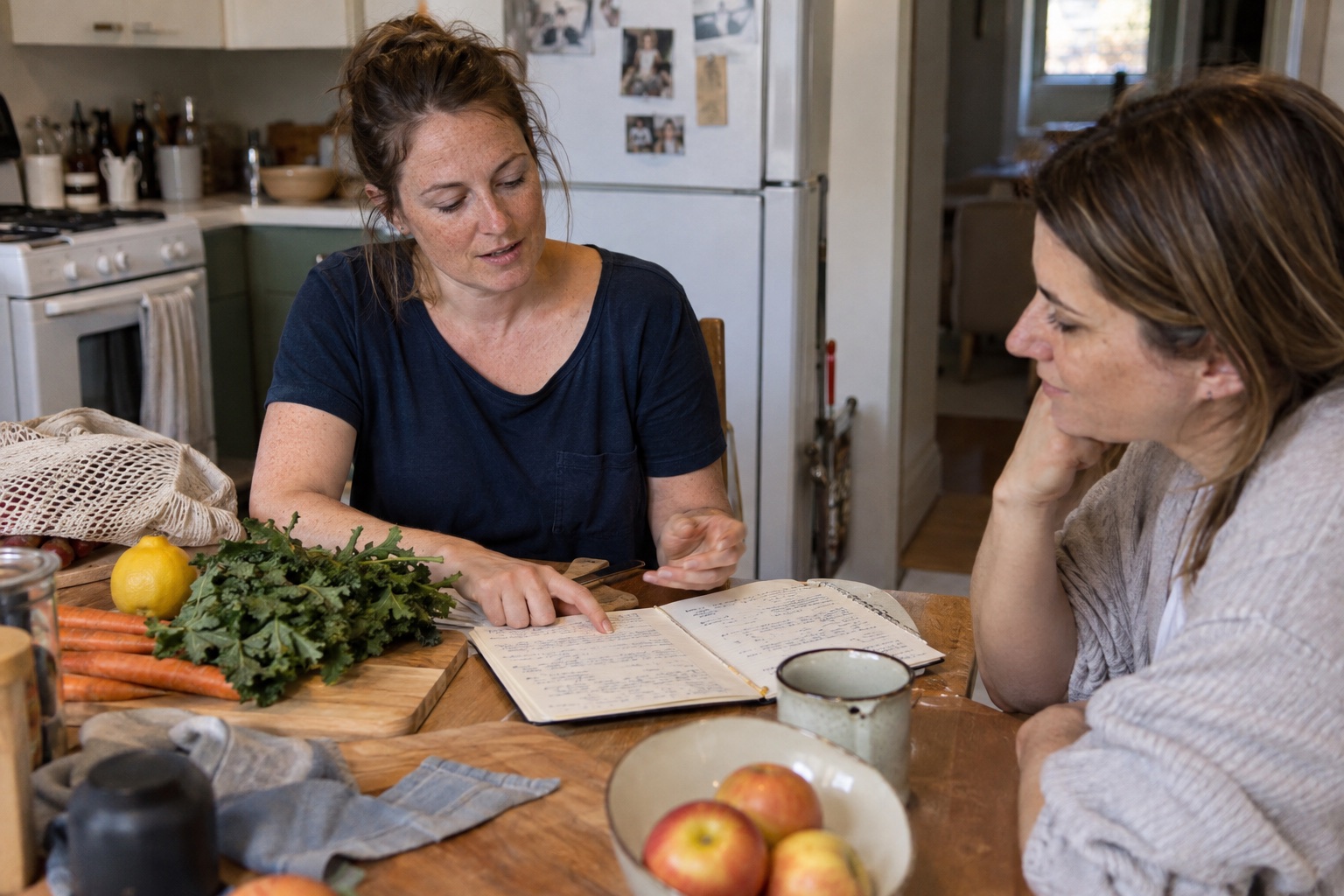 AI-generated candid nutrition conversation in an everyday kitchen